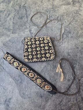 Vintage Zardozi Embroidered Beaded Black Velvet Bag With Floral Motif Belt 🚨